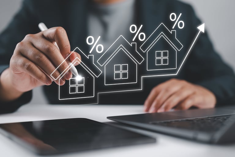 Interest rate and mortgage loan concept, Businessman analyze interests rate house increase