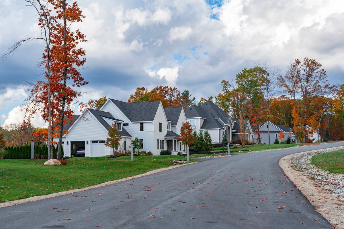 Residential district with autumn color trees representing an upscale high-value neighborhood